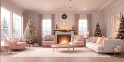 The primary subject of the image is a cozy living room with a fireplace. The room is decorated for Christmas, featuring a beautifully lit tree and a wreath. The setting includes a couch, a chair, and a coffee table. The visual style of the image is a photo, capturing the warmth and festivity of the living room during the holiday season. The colors and mood of the scene are predominantly warm and inviting, with the fireplace adding a touch of warmth and comfort to